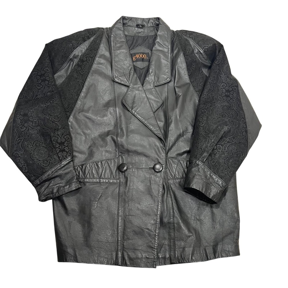 g4000 Women's Vintage Black Leather Paisley Print Western Jacket Size L